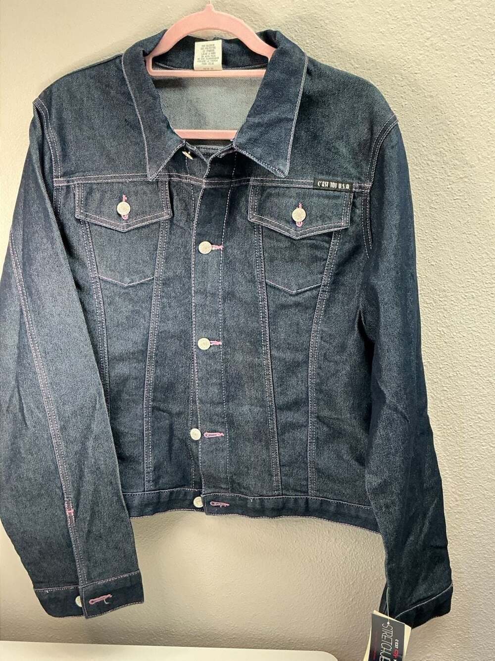 C'est Toi USA Dark Wash Denim Jean Jacket with Pink Stitching and Tag